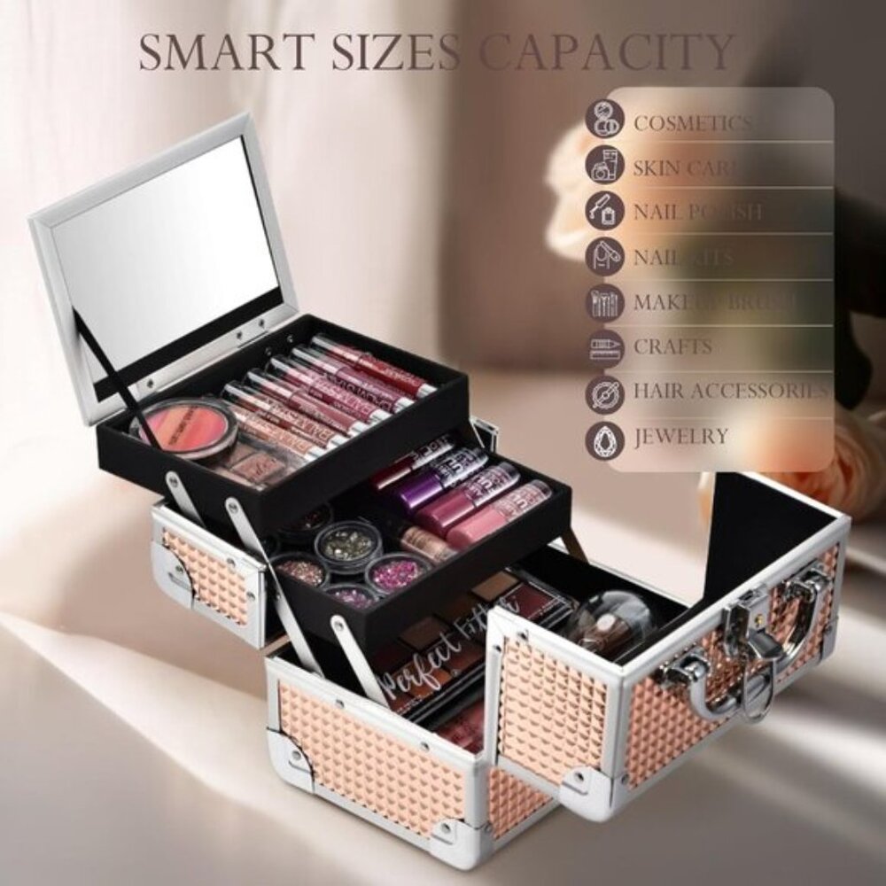 New Rose Gold Kids Makeup Train Case, Lockable Box with Mirror for Travel Use - Picture 9 of 10